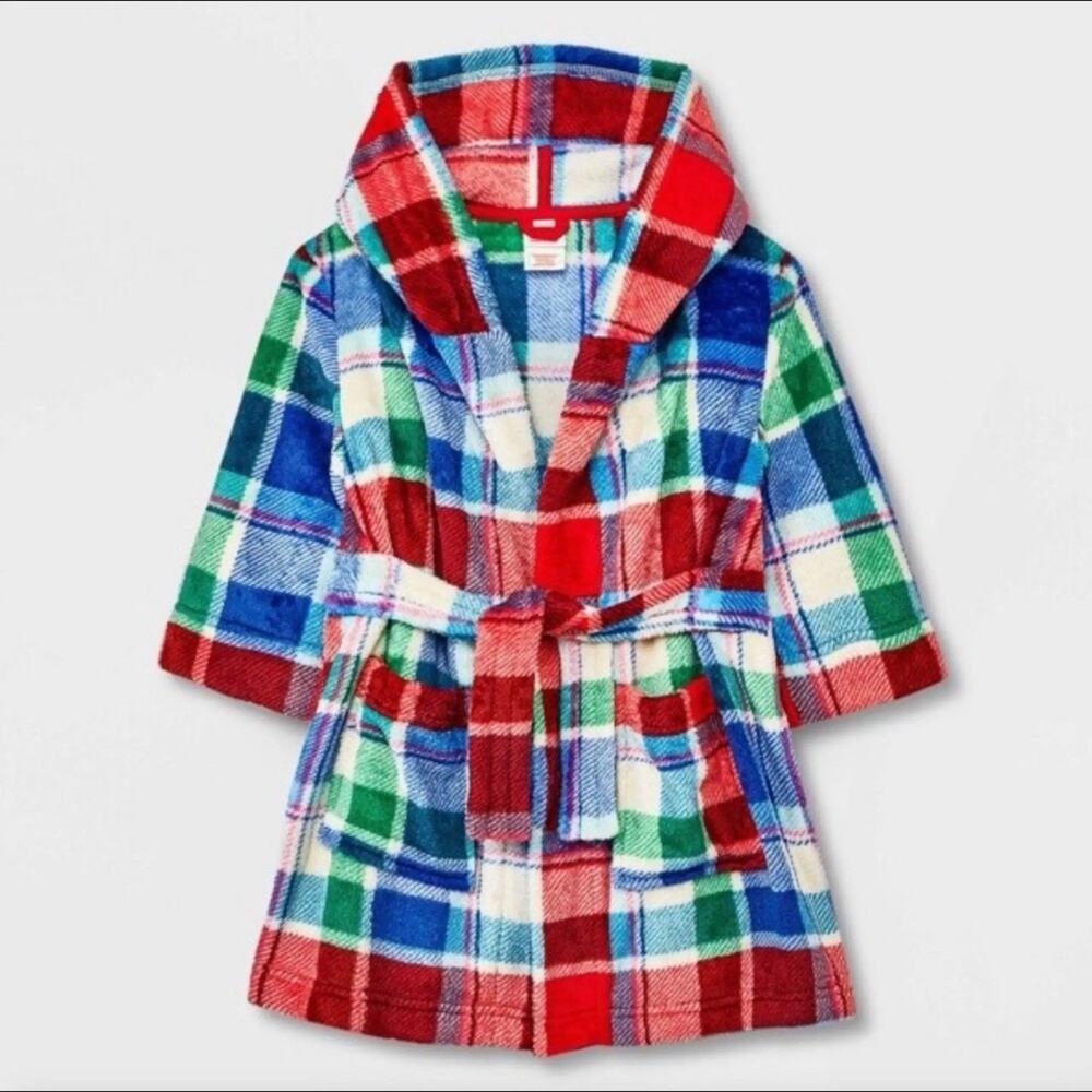 Cat & Jack Plaid Fleece Hooded Robe Tie Waist Pockets Red Green Blue 2t/3t